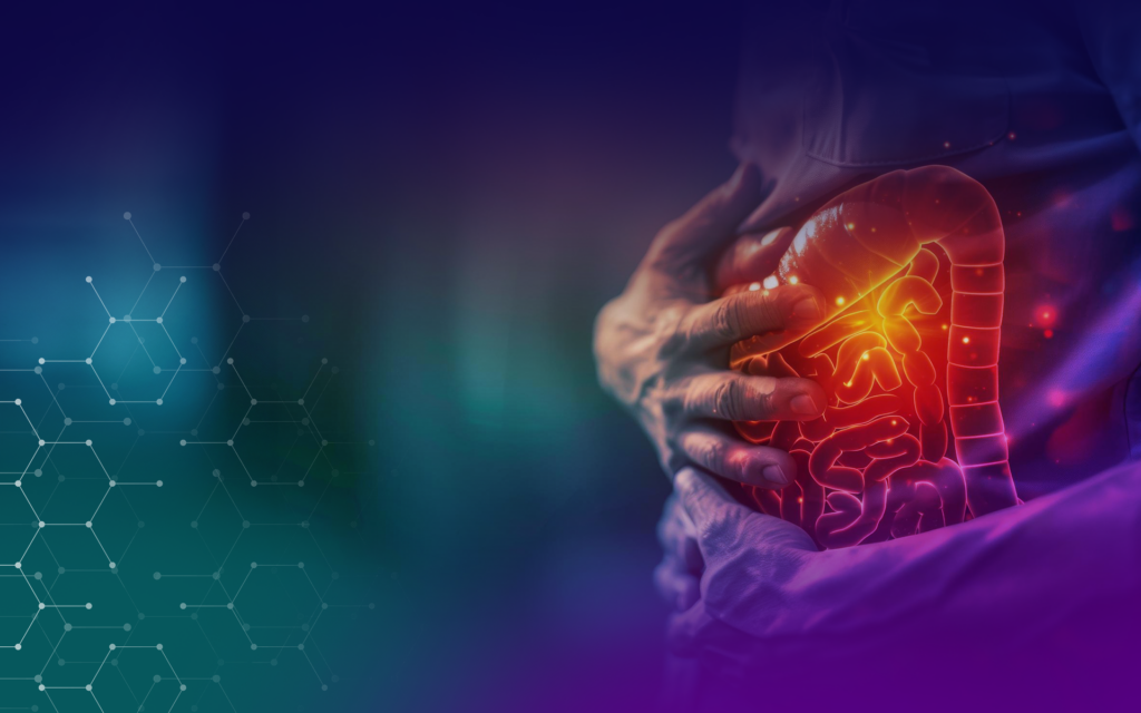Person holding stomach with intestine illustration.