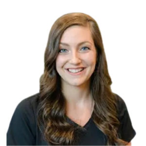 Smiling woman in dark scrubs.