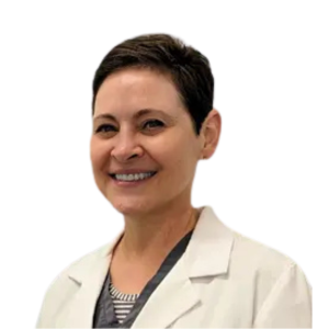 Smiling female doctor in lab coat.