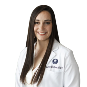Female healthcare professional in white coat.
