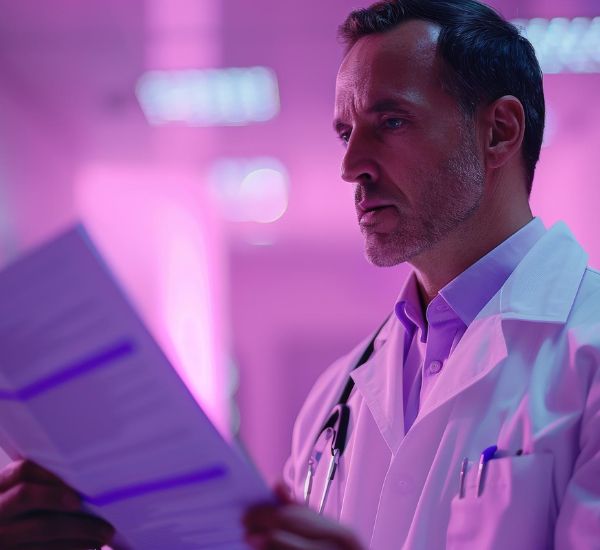 Male doctor reviewing medical documents.