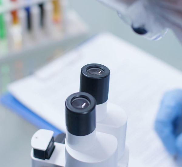 Close-up view of laboratory microscope.