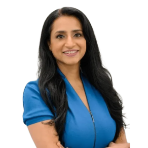 Smiling woman in blue dress.